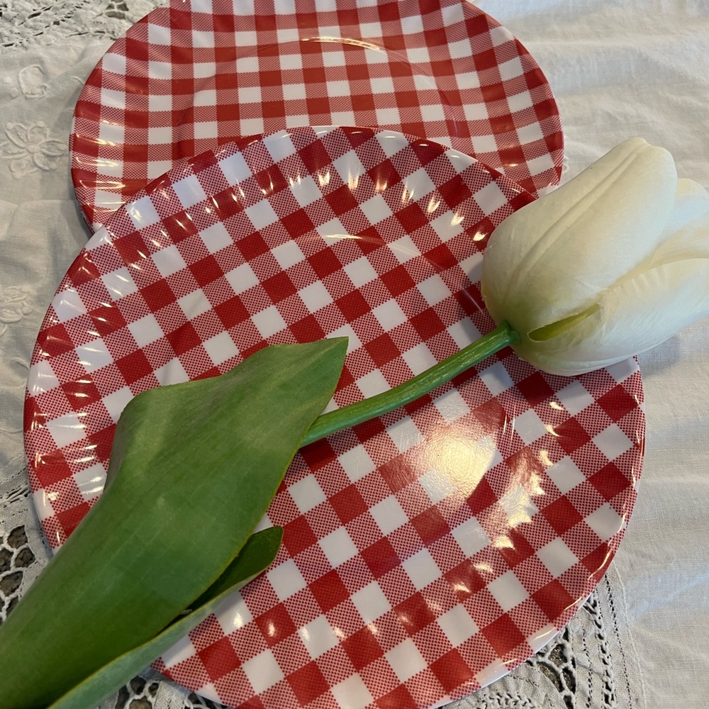 SOLD !!!Set of 5 red and white Gingham Authentic Melamine Plates